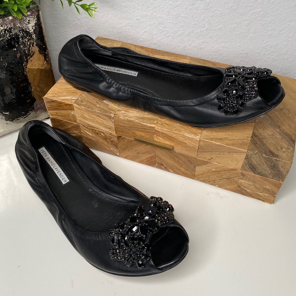 Vera‎ Wang Lavender Label Black Leather Peep Toe Embellished Ballet Flats Size 9